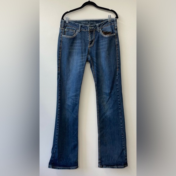 Cowgirl Tuff Bootcut Jeans Size 12 31 "Girls Night Out Brown" Leather Flap Rodeo - Picture 3 of 10